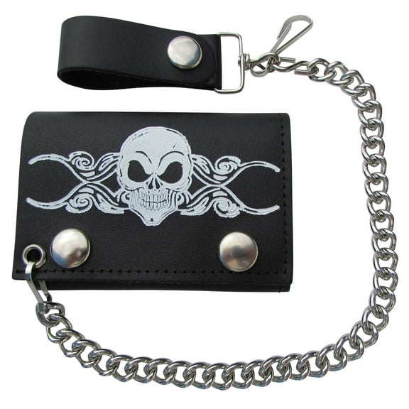 Skull on Scroll Leather Trifold Chain Wallet Made in the USA