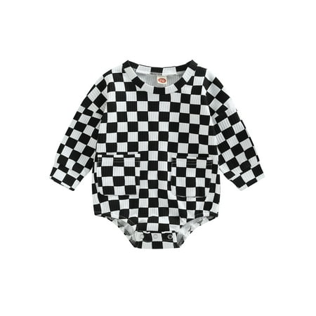 

Calsunbaby Toddler Baby Boys Girls Casual Long Sleeve Romper Checkerboard Print Triangle Jumpsuits with Pockets Black 12-18 Months