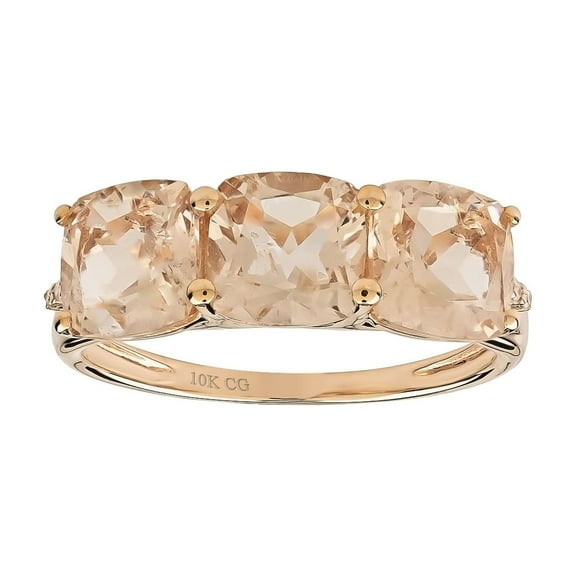 10k Solid Rose Gold 3-Stone Natural Cushion-cut Morganite and Diamond Anniversay Band Birthstone Gemstone Ring