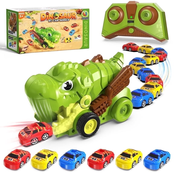 Dinosaur Remote Control Car for Kids 3-5, 2.4GHz Dinosaur RC Car Swallowing Truck with 12 Mini Vehicles, Dinosaur Cars for 5-9 Year Old Boys Girls