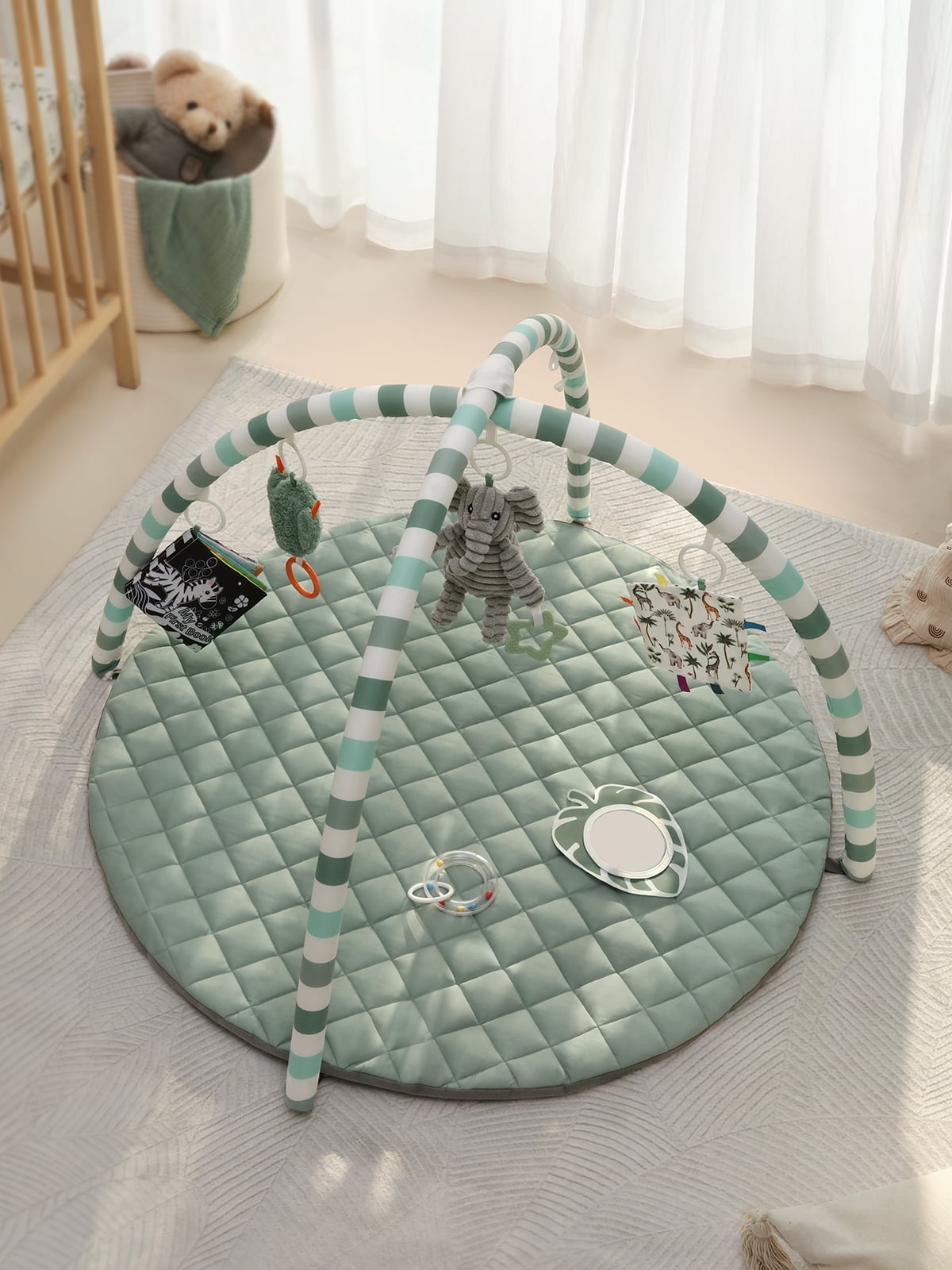 Blissful Diary Baby Play Gym Activity Mat, Tummy Time Mat Play Mat with 6 Sensory Toys for Motor Skill Development, Newborn Infant Baby Essentials Gift for Boys Girls, Sage Green