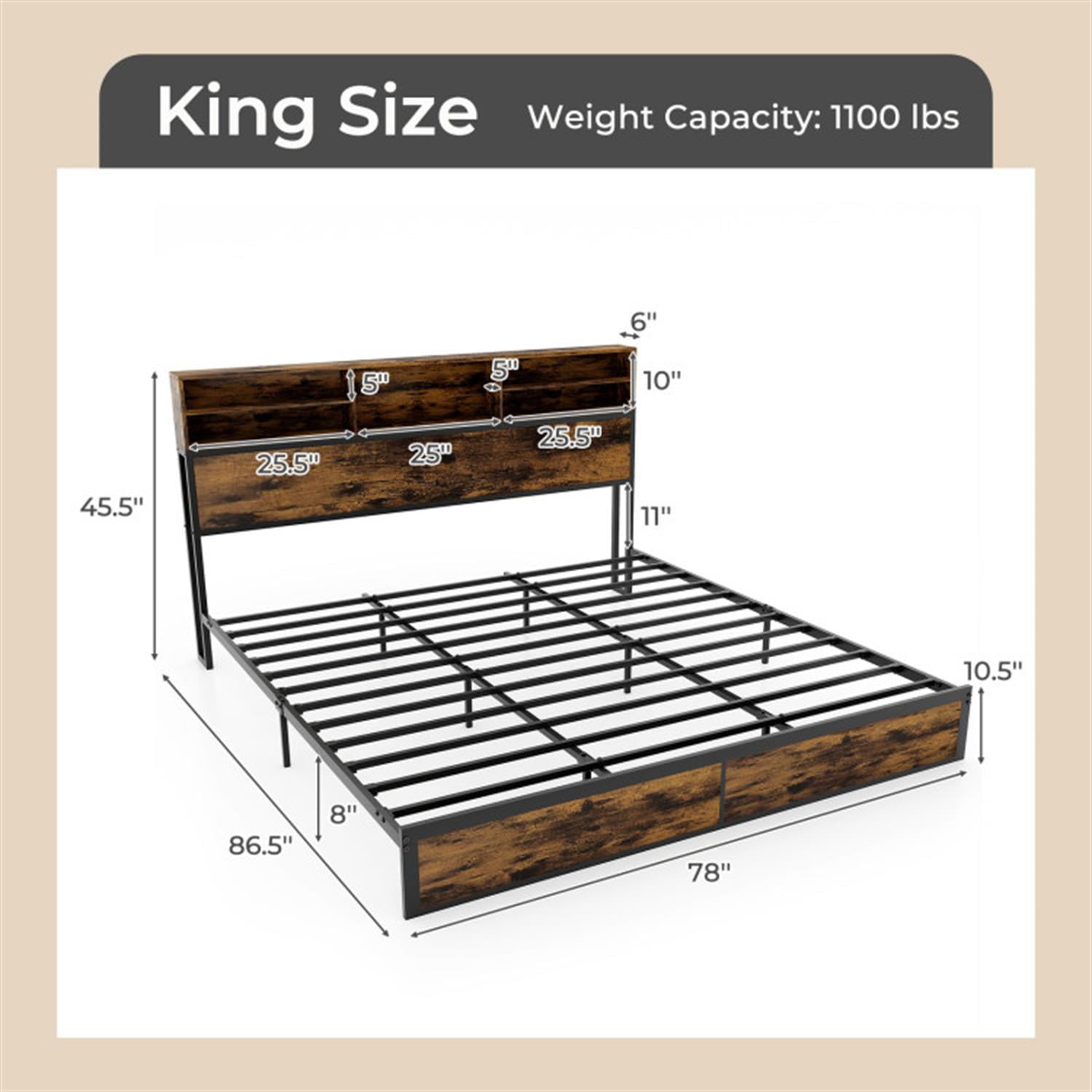 Demi Bonn King Size Bed Frame with Wooden Headboard and Footboard, Industrial Metal Platform Bed Frame with Under Bed Storage, No Box Spring Needed, Brown