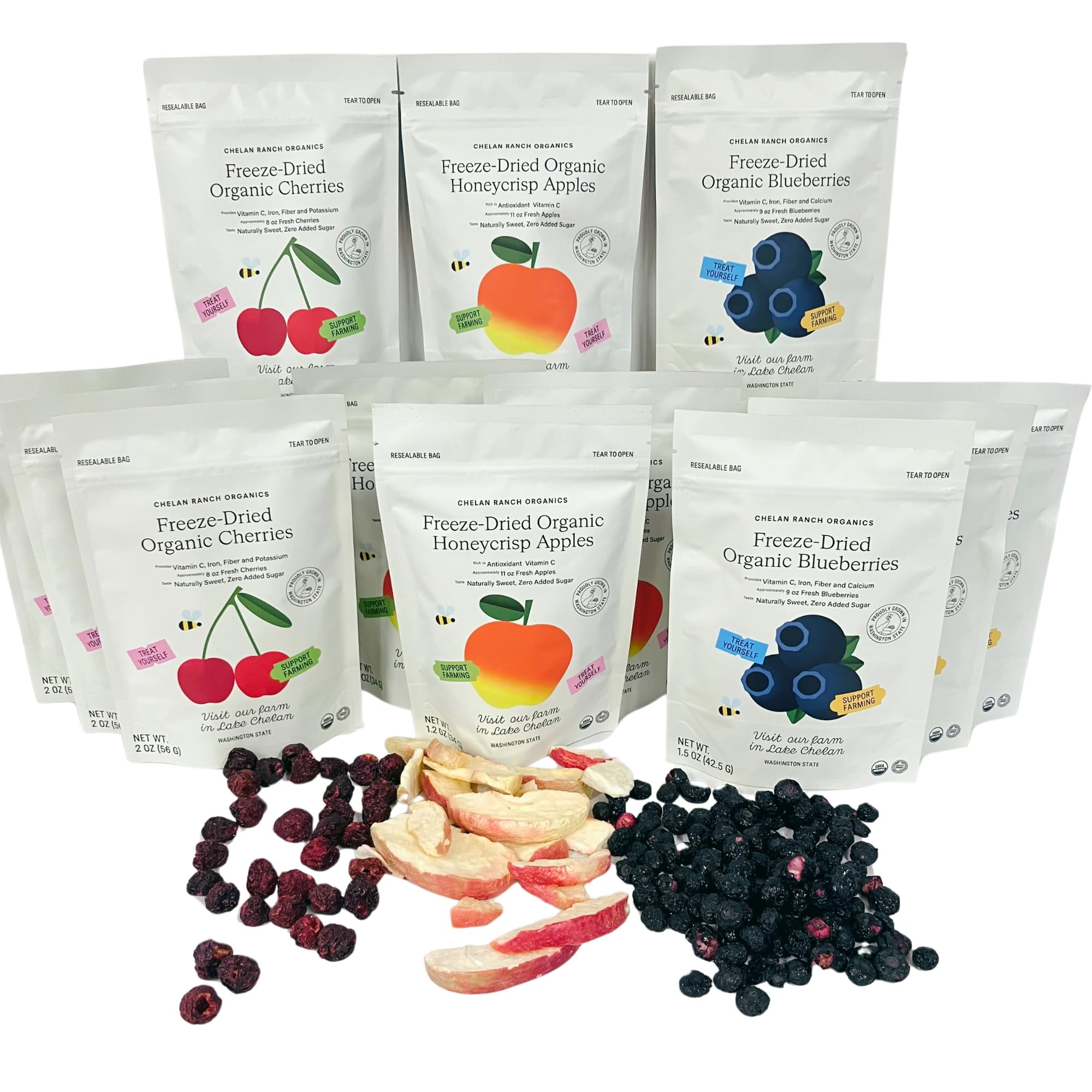 Chelan Ranch Organics Freeze-Dried Organic Fruit Variety Pack, Cherries, Honeycrisp Apples, Blueberries, Zero Added Sugar, Non-GMO & Vegan, Net Wt 4.7 Ounce (3-Pack)