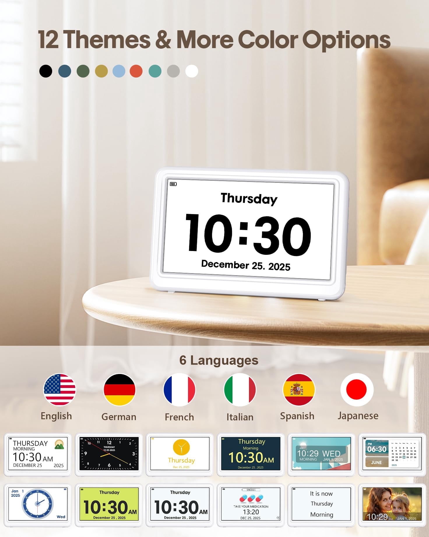 Digital Clock With Date And Day Of Week  Dementia Clocks Operated Alarm 20 Alarms Reminders 7" Large Display Desk For White (with Rechargeable Battery)