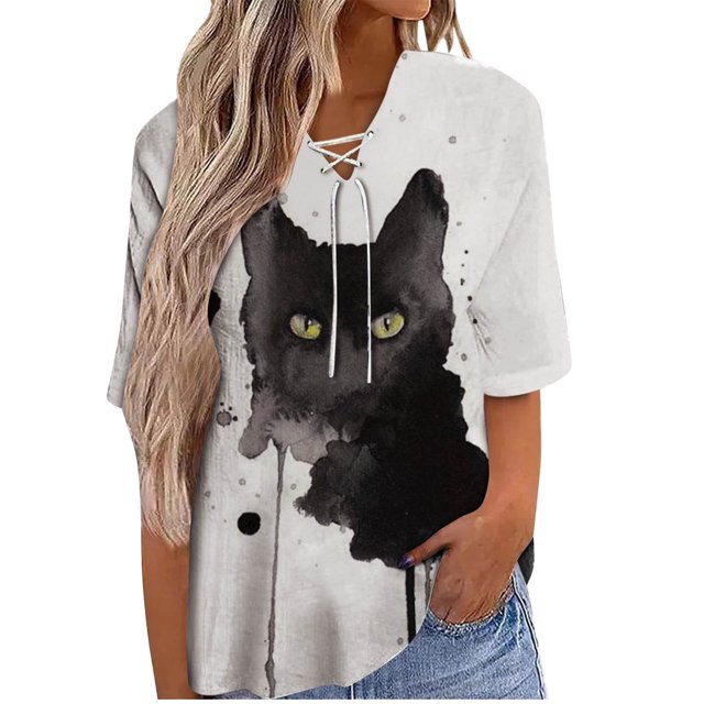 Moda mujer Casual manga corta cuello en V Sexy impreso Tops blusa con cordón camiseta Fridja ghk5380
