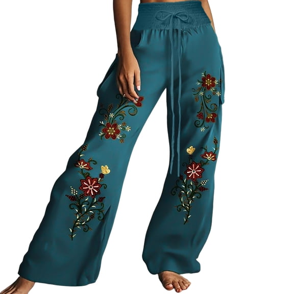 Generic Womens Wide Leg Pants Boho Floral Palazzo Pants High Waist Boho Pleated Flowy Lounge Trousers Beach Vacation
