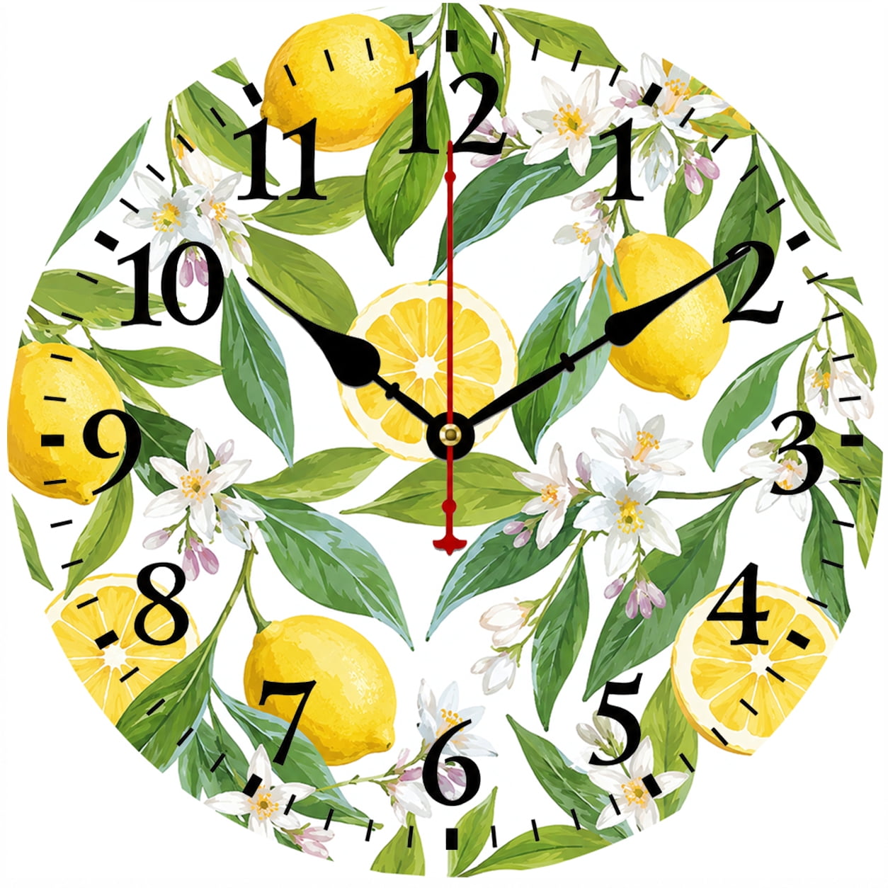 Lemon Wall Clock 9.84 Inch, Yellow Citrus Floral Kitchen Wall Decor, Battery Operated Round Analog Clock with Easy to Read Numbers for Farmhouse Kitchen Living Room Bedroom Office