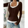 thumbnail image 6 of Lenpel Women's Long Sleeve T-Shirts Square Neck Quarter Button Color Block 2 in 1 Slim Tee Tops Soft Casual Blouses(Coffee,Medium), 6 of 6