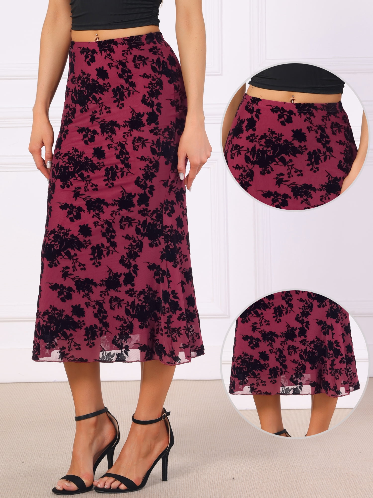 DARING DIVA Women's High Waist Bodycon Mesh Fishtail Midi Skirts X-Small Red