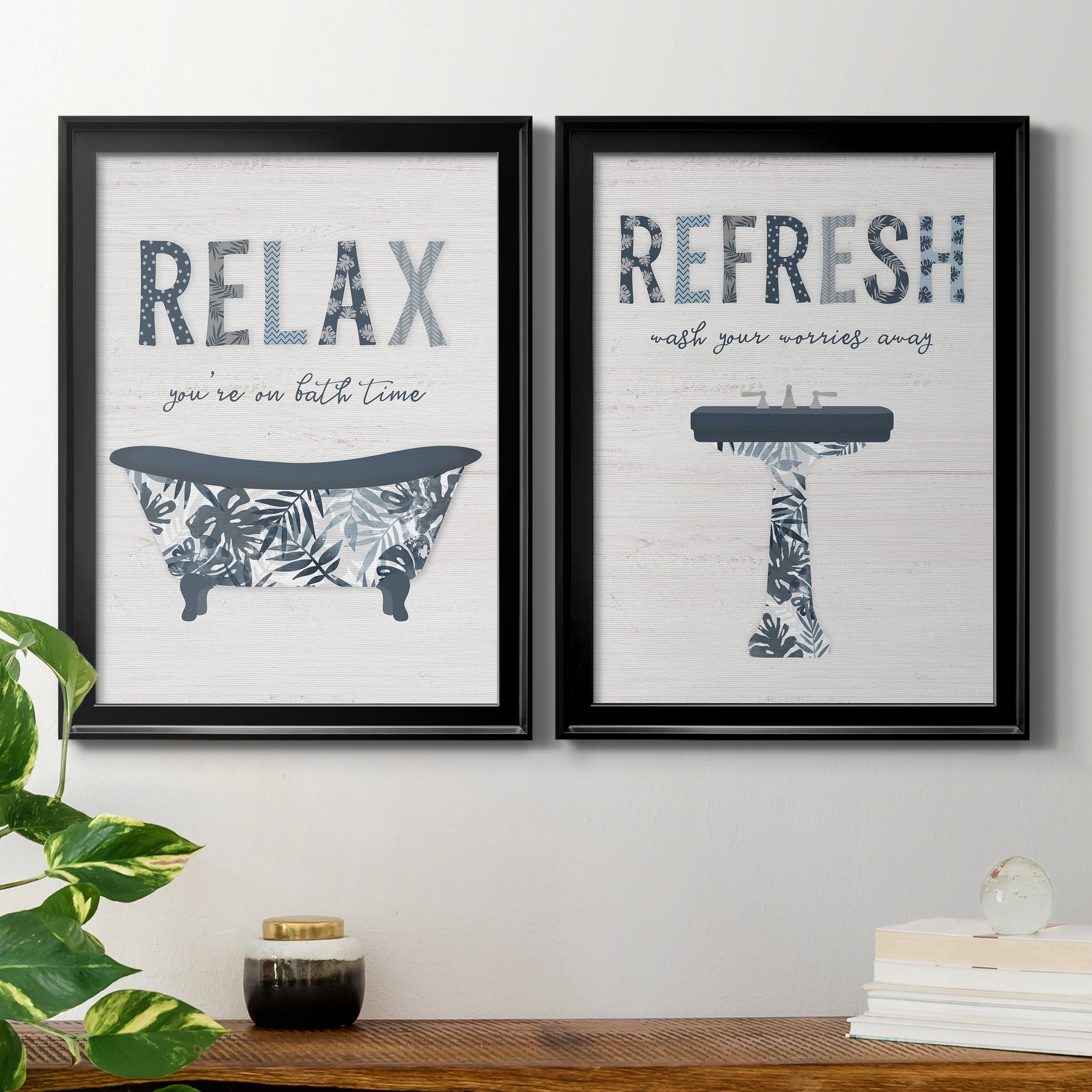 2 Piece Set Palm Bath I Premium Framed Canvas - Ready to Hang - 18.5 x 24.5 Each - Black Frame