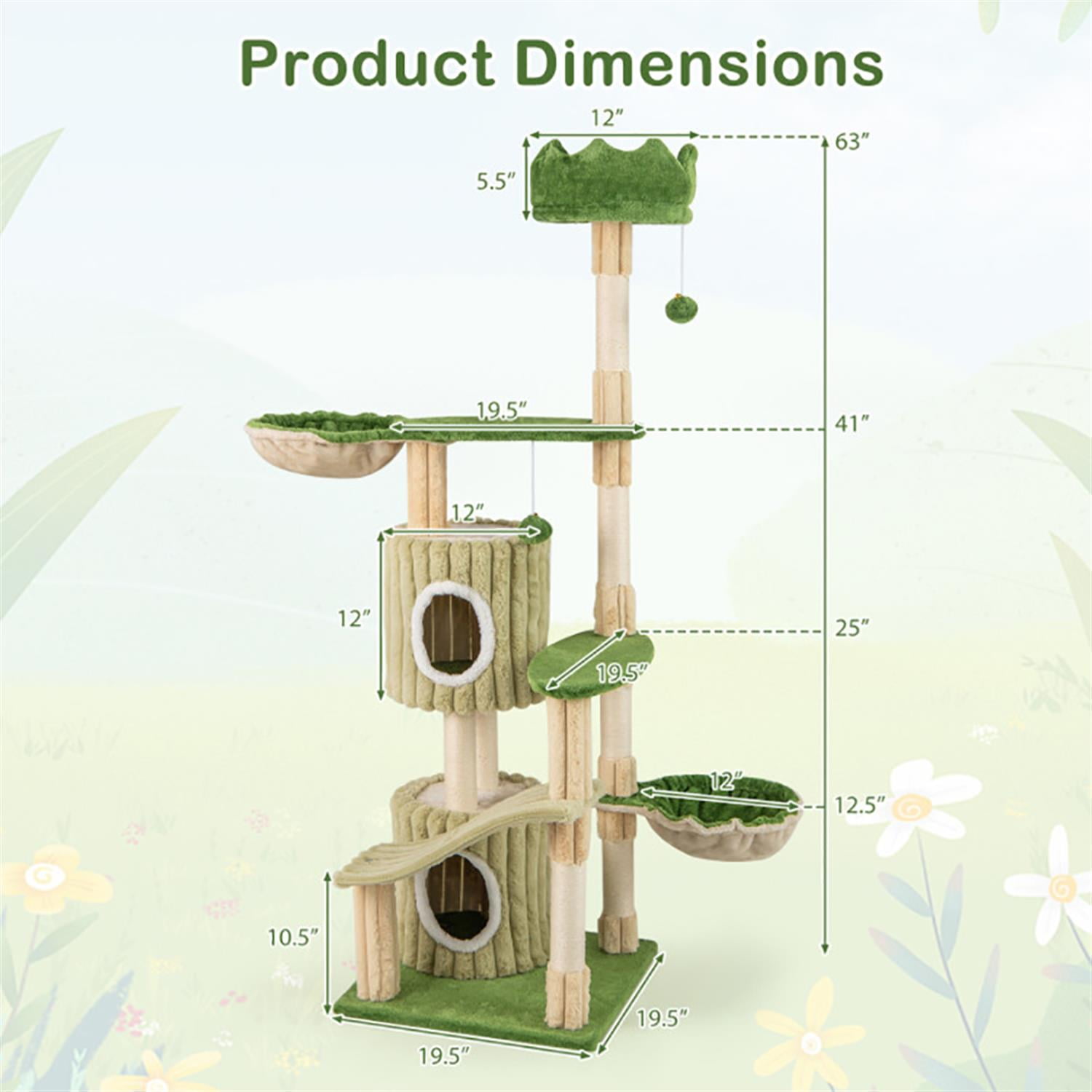 resenkos 63" Cat Tree with Toy, Cat Tower Condo for Indoor Cats with 2 Condos, Cozy Hammock and Sisal Scratching Posts, Green