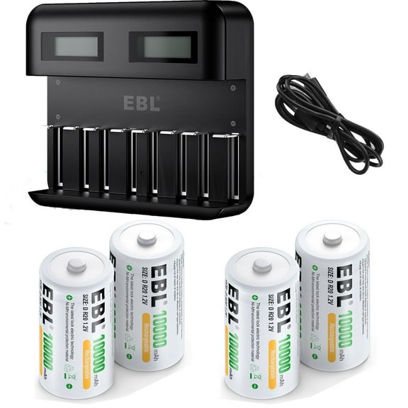 EBL 4Pack Rechargeable D Batteries 1.2V with LCD Rechargeable Battery Charger for Ni-MH AA AAA C D Rechargeable Batteries