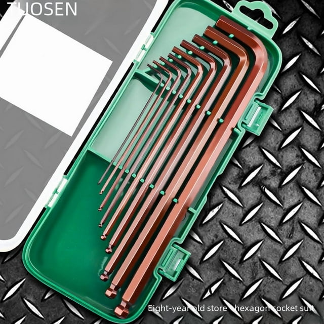 TuoSen 18504 Long Reach Ball Head Hex Key Set - S2 Steel Heat-Treated Red Finish, 10-Piece/Box, 60-Pieces/Case, 0.45kg - Versatile Sizes, Durable Construction, Compact Storage for Professional & Home