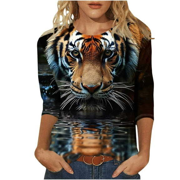 Raeneomay 3/4 Length Sleeve Womens Tops Women's Fashion Tees Casual CrewNeck Loose T Shirt Ladies Tops Blouses Shirts