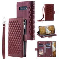 Feishell Crossbody Wallet Case for Samsung Galaxy S10E,Luxury PU Leather Magnetic Buckle Zipper Pocket Card Slots Shockproof Flip Stand Phone Cover with Hand Strap & Shoulder Strap,Winered