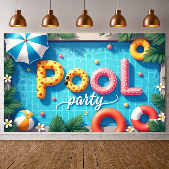 Tropical Pool Party Banner Vibrant Color Scheme Summer Fun Backdrop Inflatable Letter Design Display for Poolside Celebrations Backyard Gatherings Kids Summer Parties