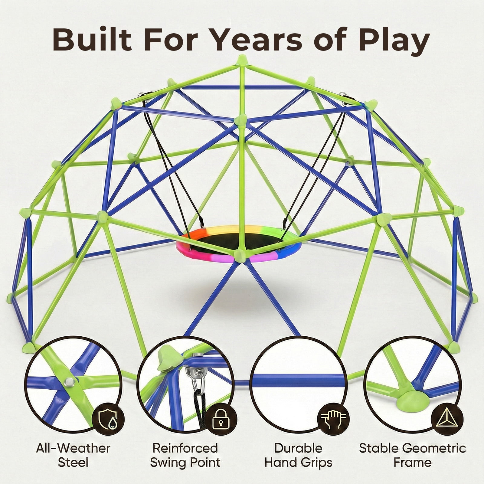 TABU 10FT Climbing Dome with Swing Set, Outdoor Jungle Gym for Kids, Supports up to 1000lbs, Rust-Resistant, Easy Asssembly