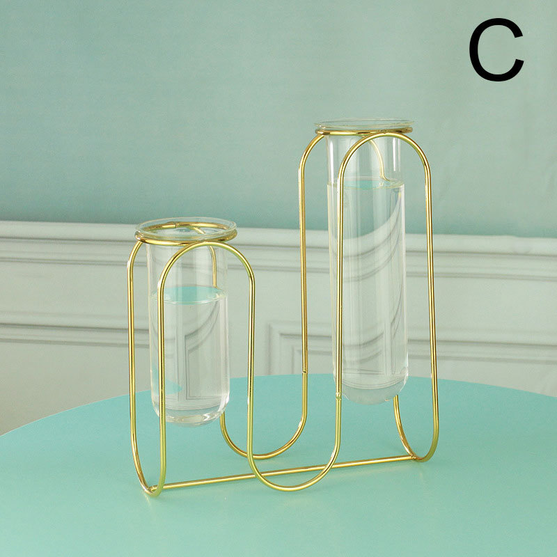 Decorative Glass Flower Vase Metal Stand Glass Vase with Metal Frame for Home Flower Home Office