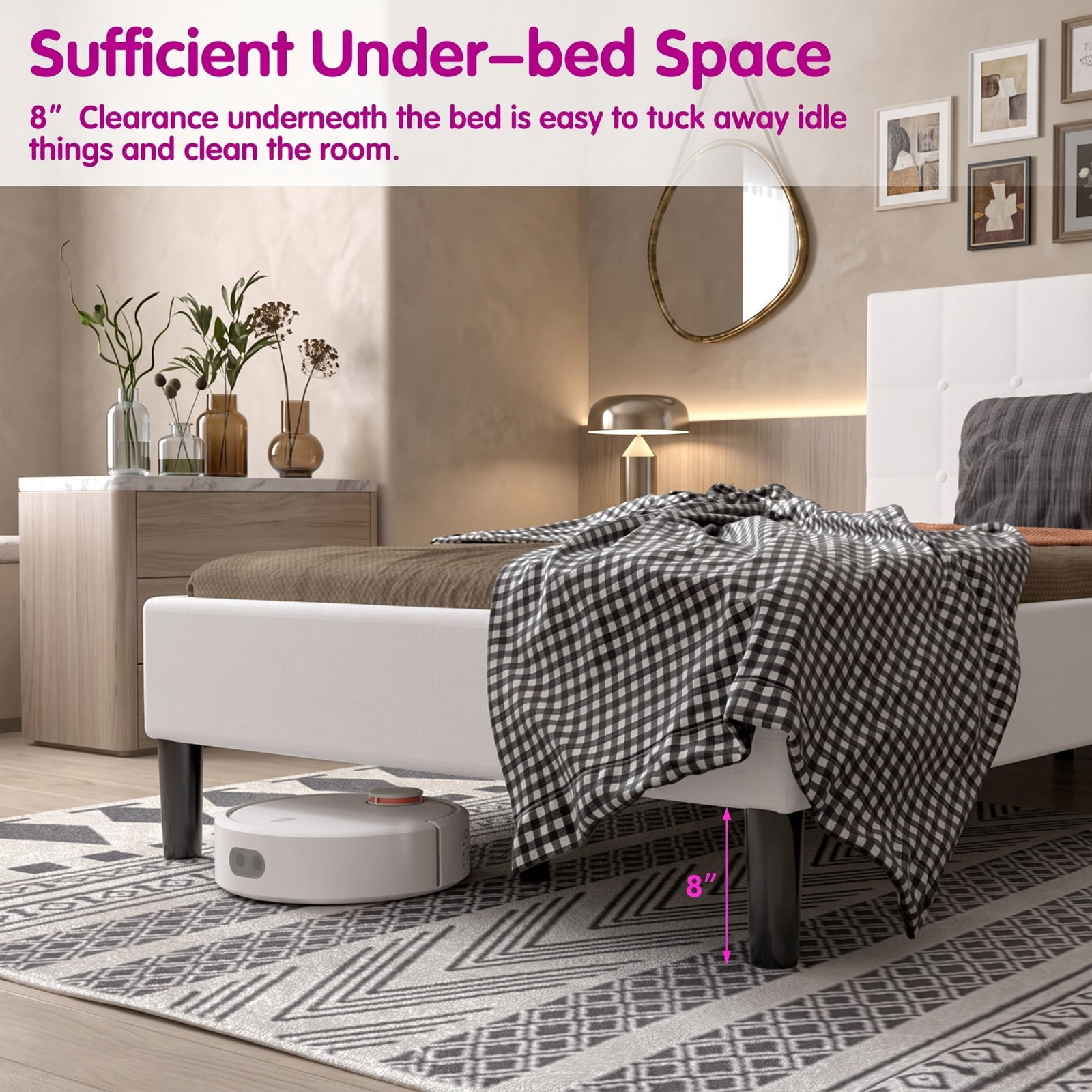 Furnibear Twin Size Bed Frame, Upholstered Platform Bed with Button Tufted Headboard and Under-Bed Storage, No Box Spring Needed, White