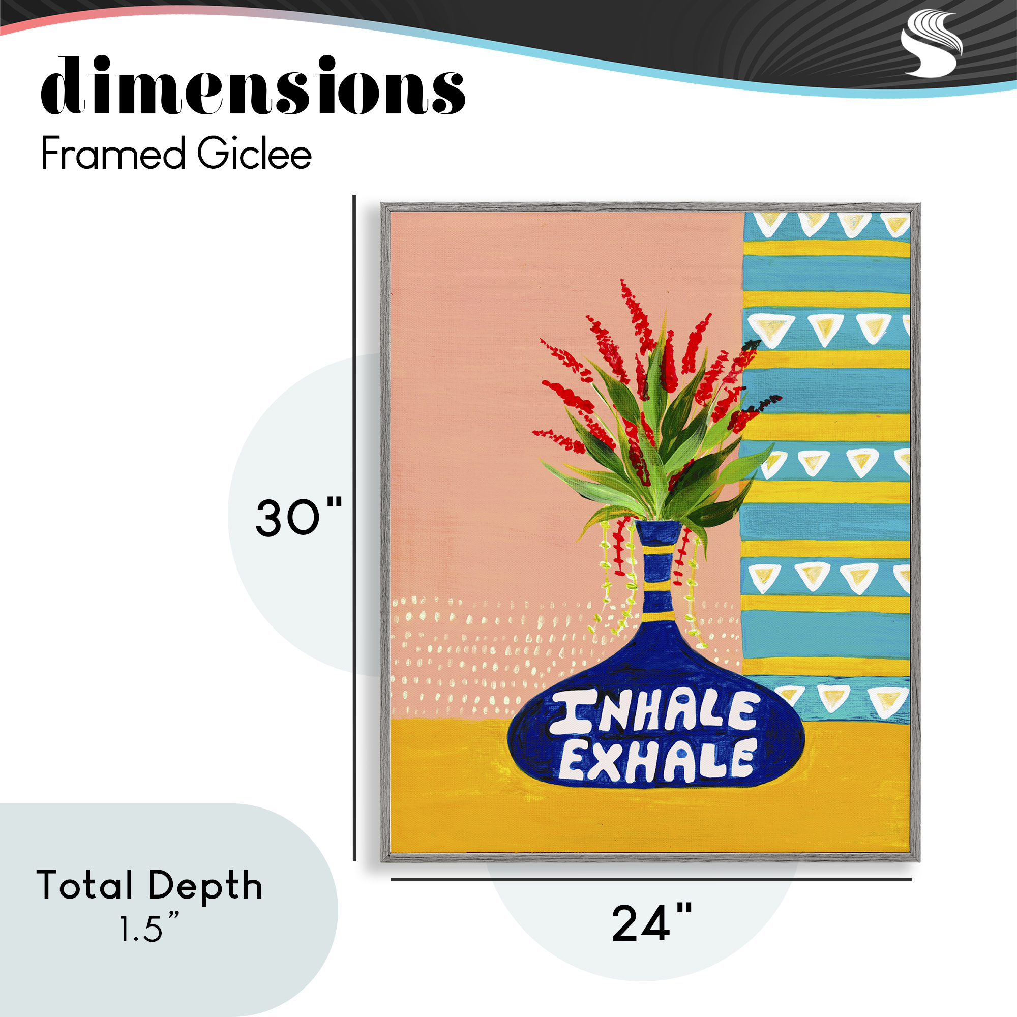 Inhale Exhale Flower Vase Gray Framed Giclee Art, design by Nabeela Rumi