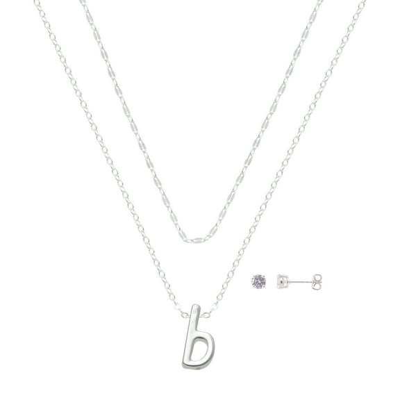 Believe by Brilliance Women's Initial B Slider Layered Necklace and Stud Set, 16 2"/18 2"