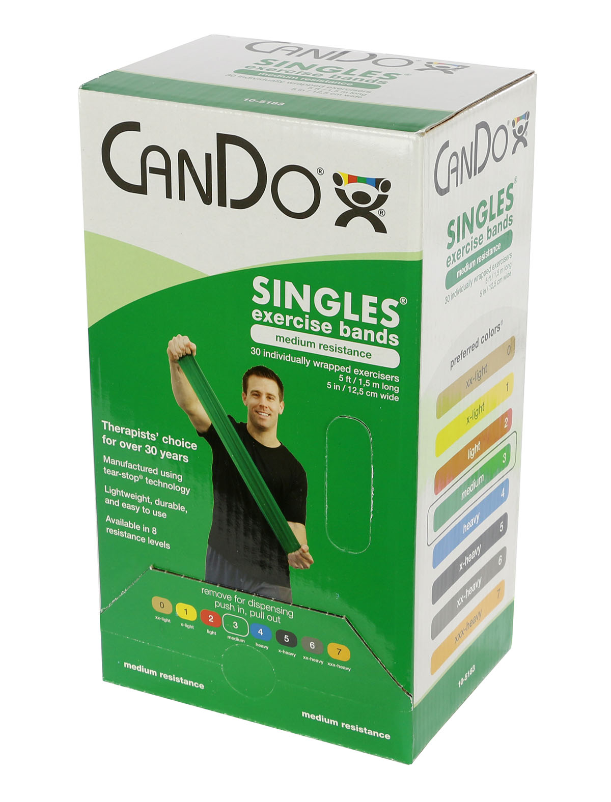 CanDo exercise band, 5-foot Singles, 30-piece dispenser, green