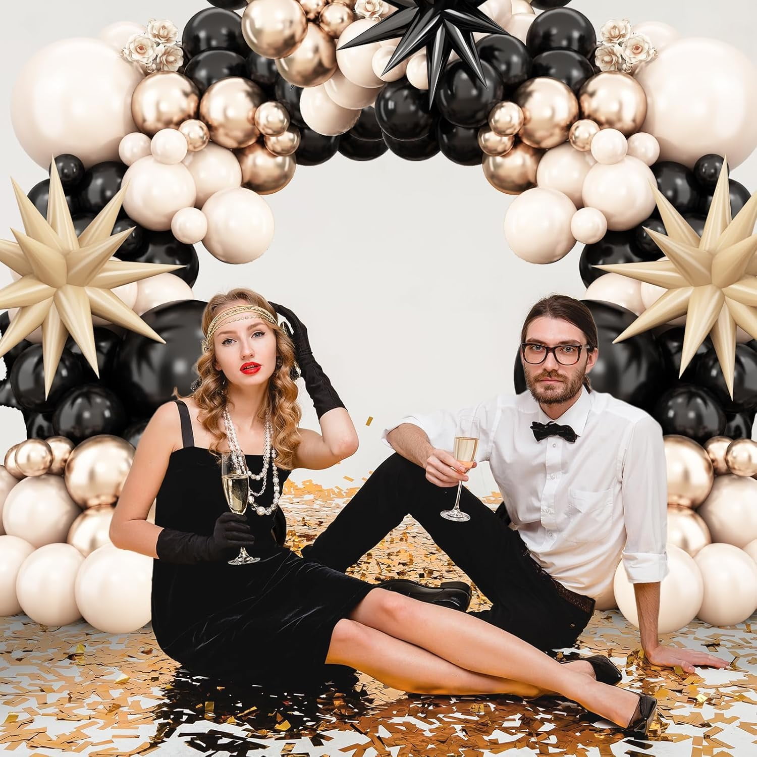 Black Gold Balloon Arch Kit,Sand White Balloon Garland with Star Foil Balloons Metallic Champagne Gold Balloons for Birthday Baby Showers  Wedding Party Decorations