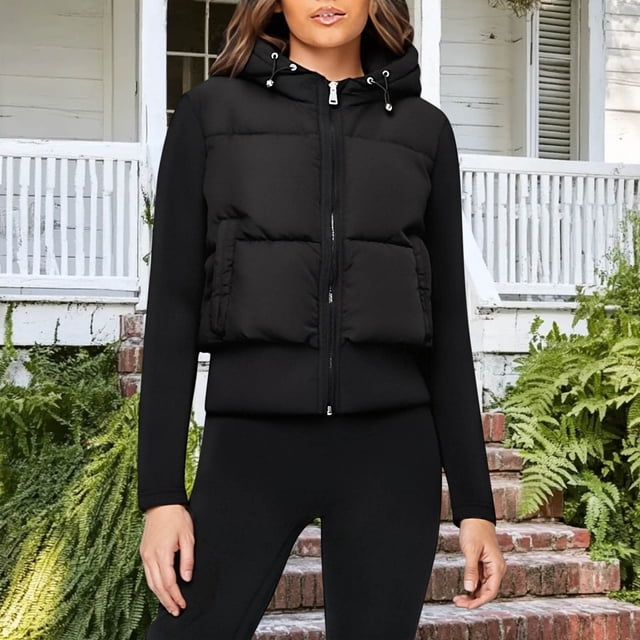 NJDVHB Womens Winter Long Sleeve Parkas,Womens Personalized Splicing Knitted Black Solid Color Hooded Splicing Pocket Drawstring Short Jacket