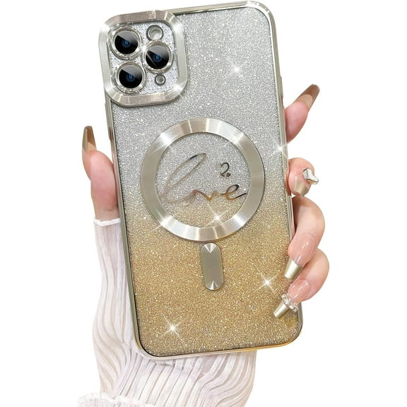 Compatible with iPhone 13 Pro Case,Compatible with MagSafe Love Heart Plating Camera Protection Clear Phone Case, Magnetic Glitter for Women Girls Shockproof Back Bumper 6.1"-Purple
