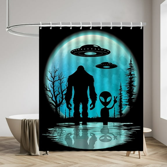 Bigfoot and UFO Alien Shower Curtains Blue Waterproof Bathroom Curtains with Hooks, Unique Star Night Themed Bathroom Decor