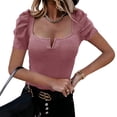 thumbnail image 1 of Solid Color Women Square Neckline Puff Sleeve Slim Shirt Tops, 1 of 5
