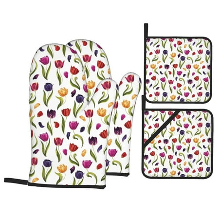 

Oven Mitts and Pot Holders 4 Piece Tulips Flowers Purple Petal High Heat Slip Resistant Oven Mitt and Trivets Set Kitchen Oven Glove Pot Holders for Cooking Baking Grilling