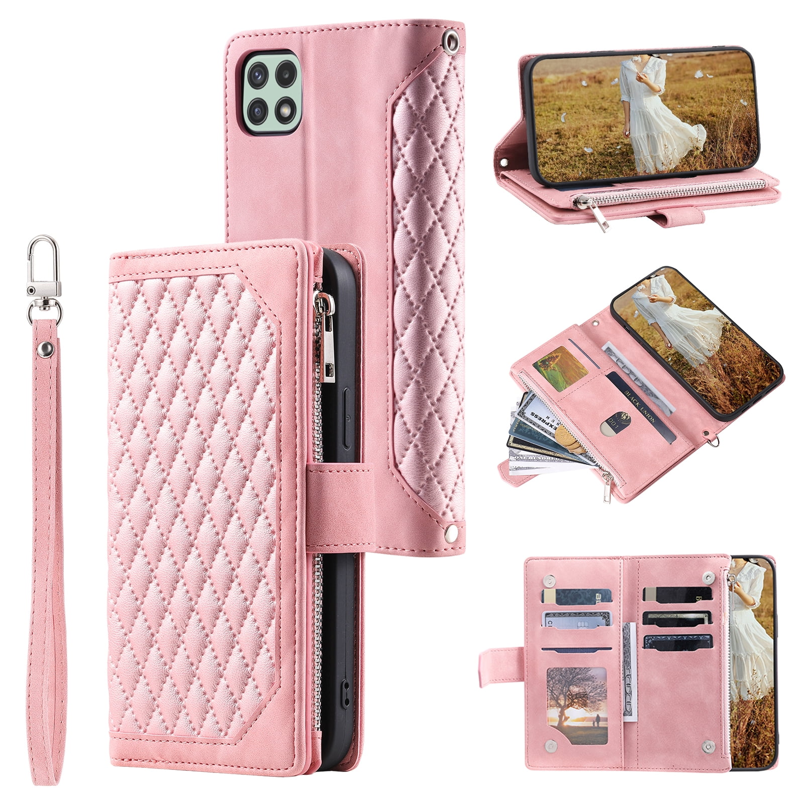 Wallet Case for Samsung Galaxy A12 5G (6.5 Inch) with Kickstand Card Slots Wrist Strap Case, Magnetic Shockproof Flip Phone Cover for Samsung Galaxy A12 5G,Rosegold