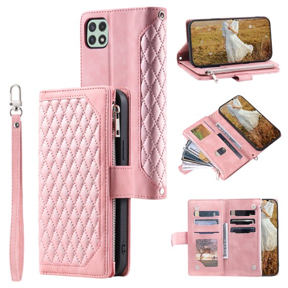 for Samsung Galaxy A12 5G Wallet Case, PU Leather Magnetic Flip Phone Case with Kickstand Card Slots Wrist Strap Cover for Samsung Galaxy A12 5G (6.5 Inch),Rosegold