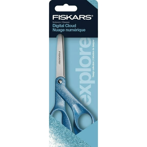 Fiskars 8" Fashion Glitter Explore Scissors, Digital Cloud, Light Blue