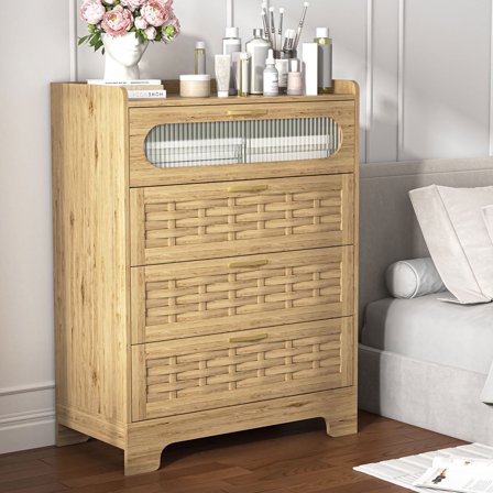 Wood 4 Drawer Dresser for Bedroom, Large Double Dresser with Wide Drawers, Modern Chest of Drawers,Storage Organizer Dresser,Nursery Dresser,for Living Room, Hallway, Bedroom, Kids Bedroom