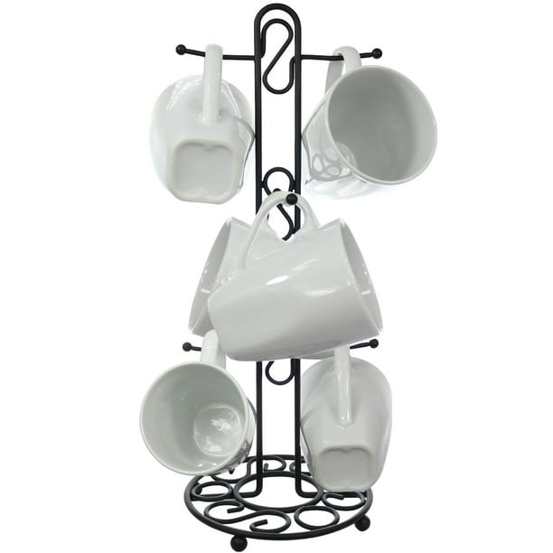 Blue Donuts Coffee Mug Rack, 6 Mug Kitchen Storage,Black Metal