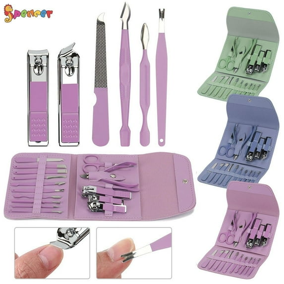 Spencer 16Pcs Professional Manicure Set, Nail Clipper Pedicure Kit Stainless Steel Grooming Kit Nail Care Tools with Travel Case (Purple)