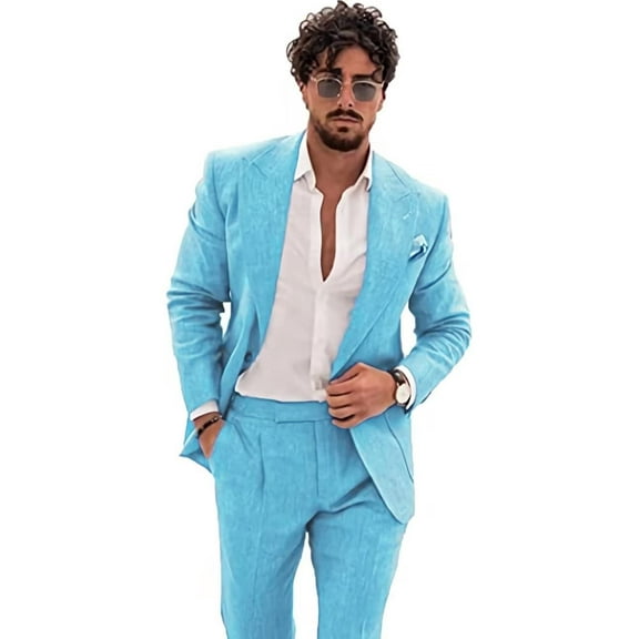 Mens Linen Suit 2 Piece Slim Fit Wedding Suit for Men Groosmen Prom Linen Jacket Pant Set Sky Blue XXS