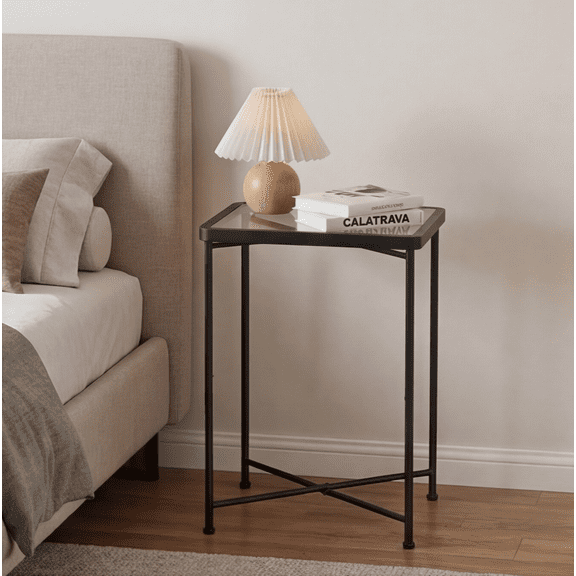 Sturdy Metal Frame Glass Side Table, Mini Compact End Table, Multipurpose Nightstand Ideal for Living Room, Bedroom, Patio and Small Spaces