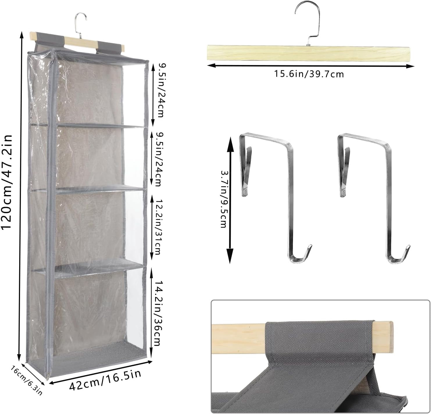 ABPETE Hanging Yarn Storage with 4 Large Pockets - Clear Knitting Organizer with Zippers for Crochet Lovers, Hanging Yarn Holder with Over-Door Hooks for Knitting Needles & Crochet Hooks (Gray)