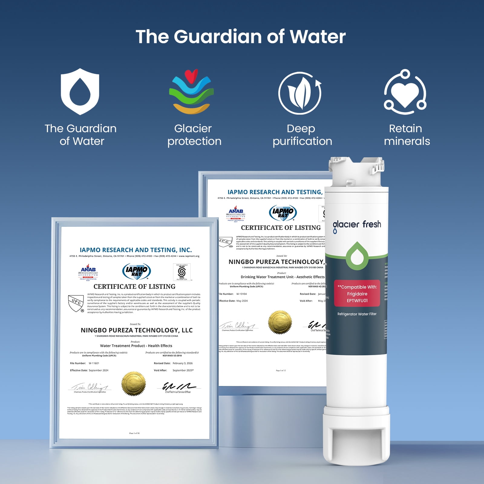 GLACIER FRESH EPTWFU01 Refrigerator Water Filter, NSF/ANSI 53 & 372 Certified, Compatible with EPTWFU01C, EWF02, Pure Source Ultra II, Pure Source Ultra 2, 4562222, 4 Pack
