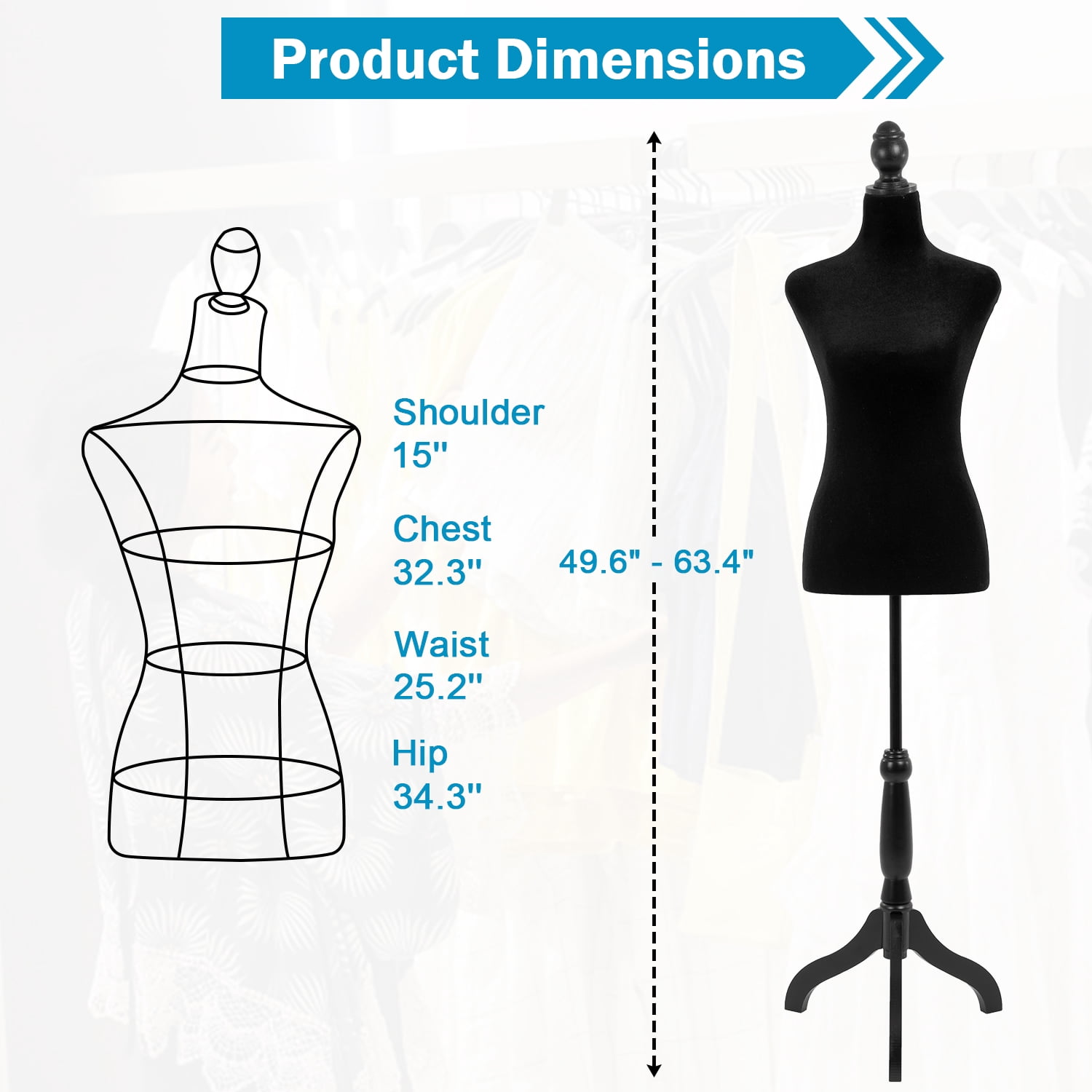 49"-63" Height Dress Form Mannequin Adjustable Female Mannequin Torso Sewing Mannequin Female Dress Model Torso Body Tripod Stand Clothing Forms, Black