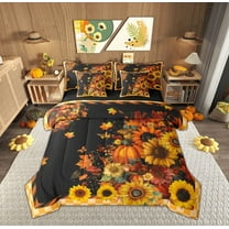 Feelyou Farmhouse Fall Sunflower Bedding Comforter Set 7pcs, Pumpkin Leaf Butterfly Queen Bedding Sets, Teen Child Kid Reversible Queen Sheet Sets, Microfiber Bedroom Decor