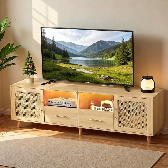 Rattan TV Stand for 75in, Natural Wood Entertainment Center with Light, Power Outlet,  Drawers, Boho TV & Media Cabinet