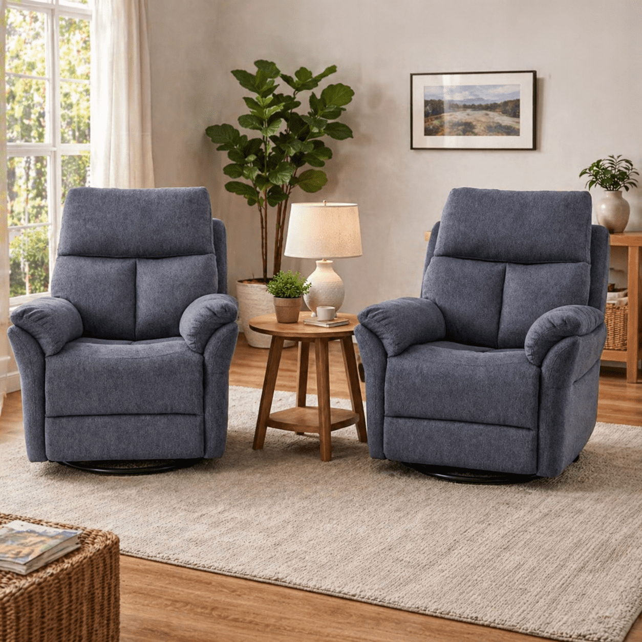 Gewnee 360° Swivel Glider Rocking Recliner Chair, Manual Adjustable Upholstered Fabric Recliner for Living Room and Home Theater, Blue Gray