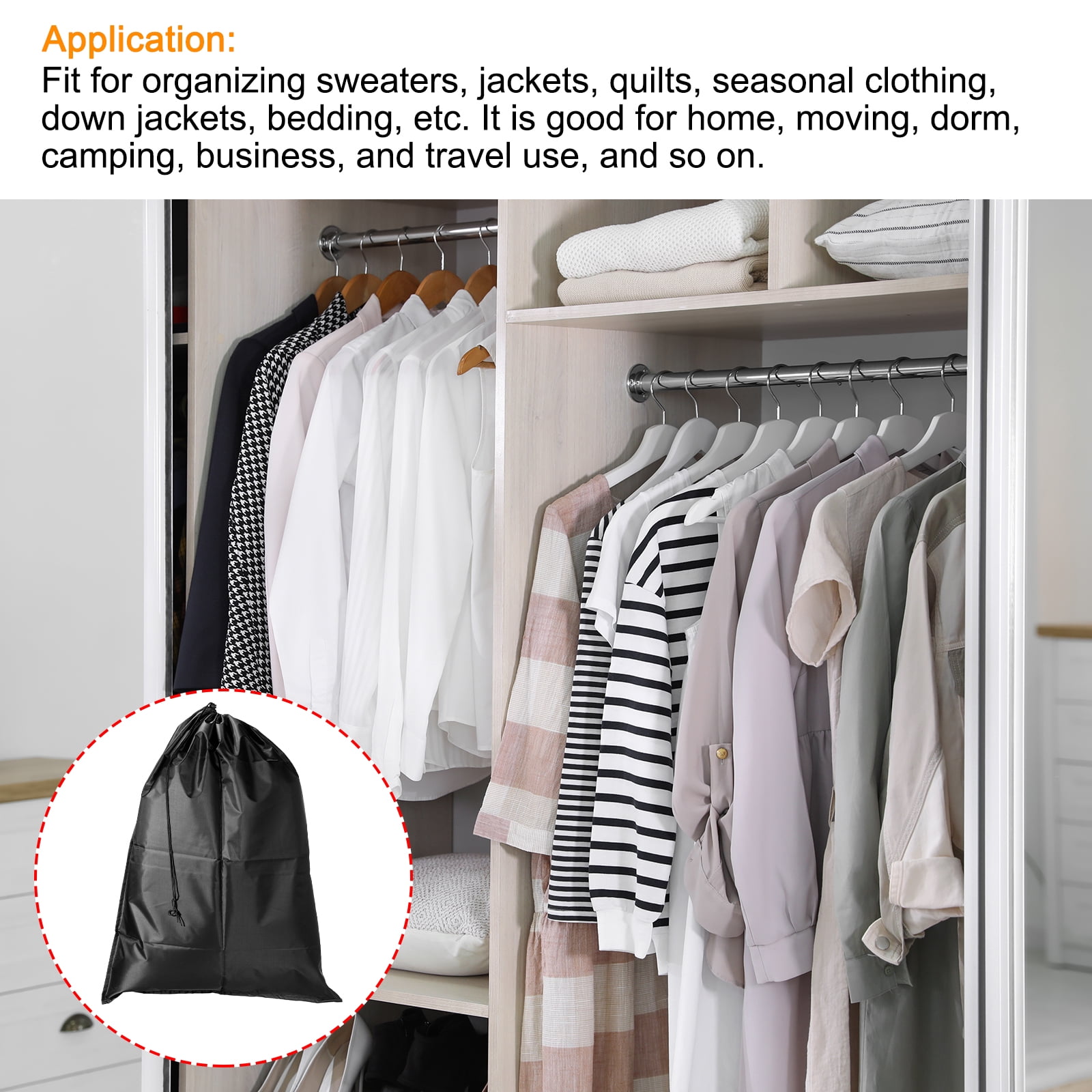 Unique Bargains Clothes Storage Drawstring Bag for Camping Travel Black 23.62"x31.50"