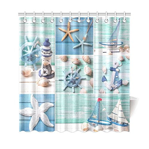 Sea Shell Star Blue Wooden Board Waterproof Bathroom Fabric Shower Curtain Set 