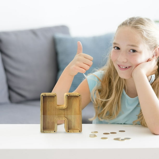 Lata de ahorros de madera con letras en inglés, lata de ahorros de vidrio transparente, alcancía