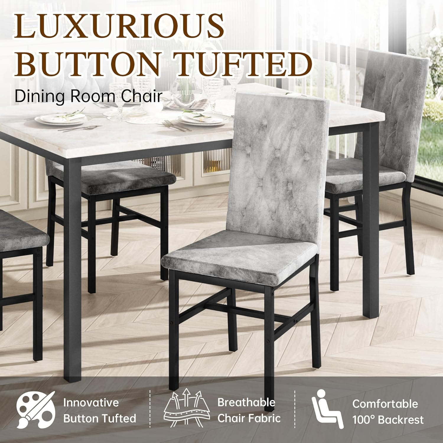 AWQMDining Table Set for 4, Space Saving Rectangle Dining Table with 4 Velvet Dining Chairs, Faux Marble Kitchen Table and Chairs Set, Modern Dining Room Set for Kitchen, Pub, Beige+Gray